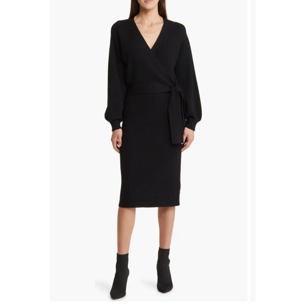 Charles Henry Black Ribbed Faux Wrap Sweater Dress NWOT V-Neck Midi - Small